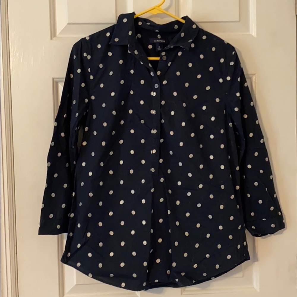 Lands End Polka Dot 3/4 Tunic Collared Shirt Sz 8